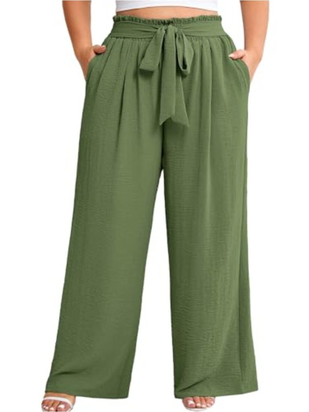Plus Size Wide Leg Palazzo Pants High Waisted Tie Knot Trousers with Pockets